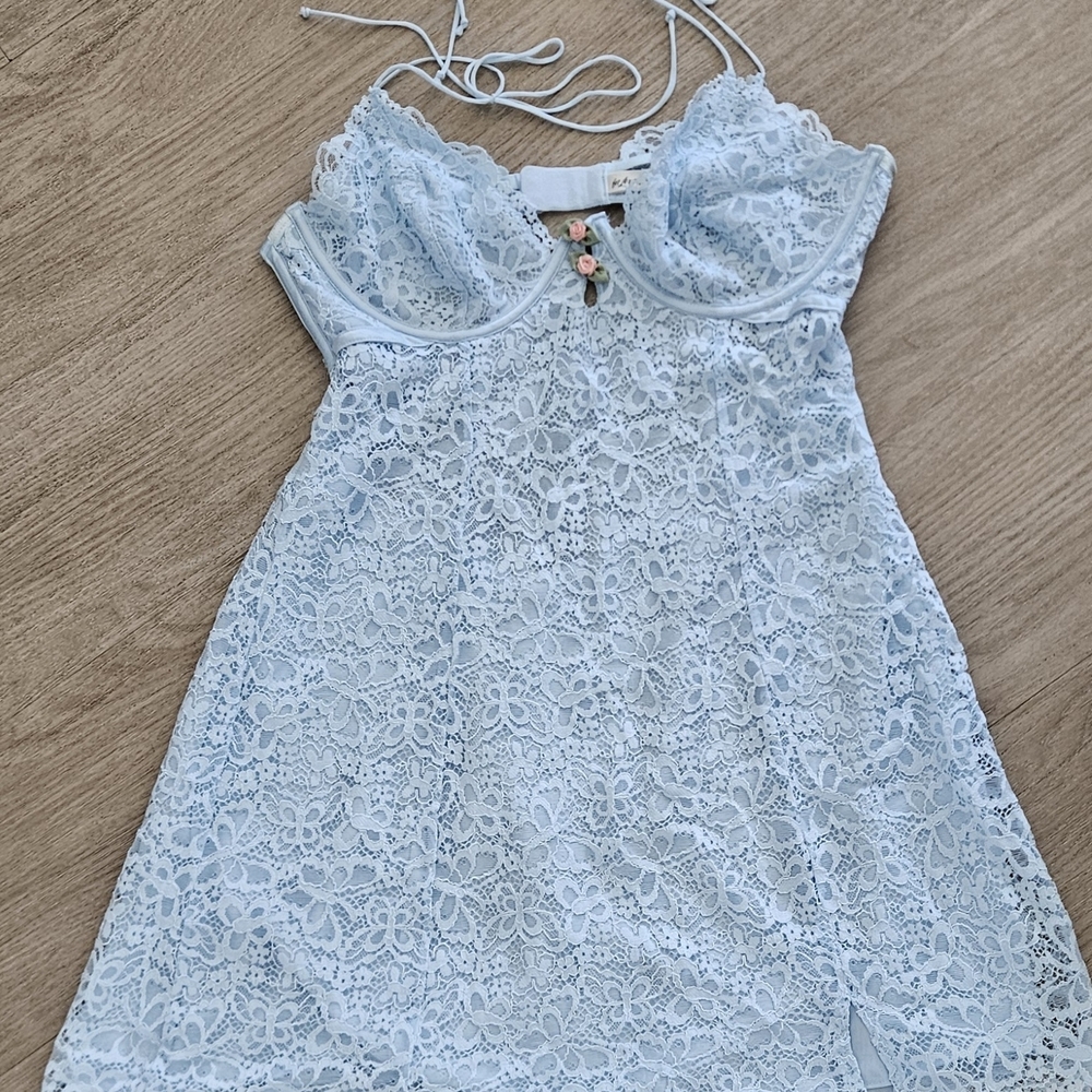 For Love And Lemons Creamsicle Blue Lace Dress with Pink Floral Details